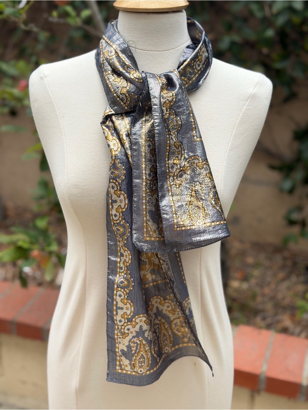 Metallic Gray and Gold Paisley Scarf - Elegant Women's Accessory